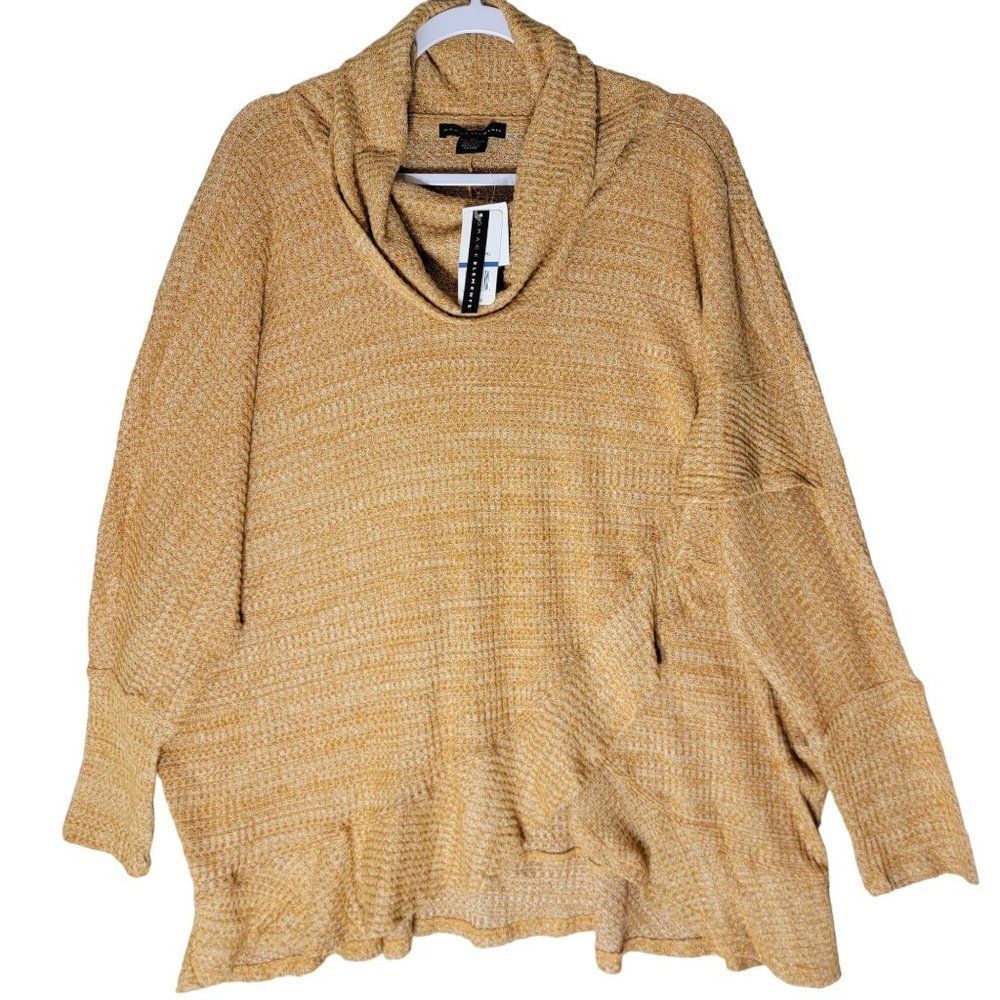 Grace Elements Ruffle Cowl Neck Wrap‎ Sweater XL Mustard Yellow Waffle Knit New